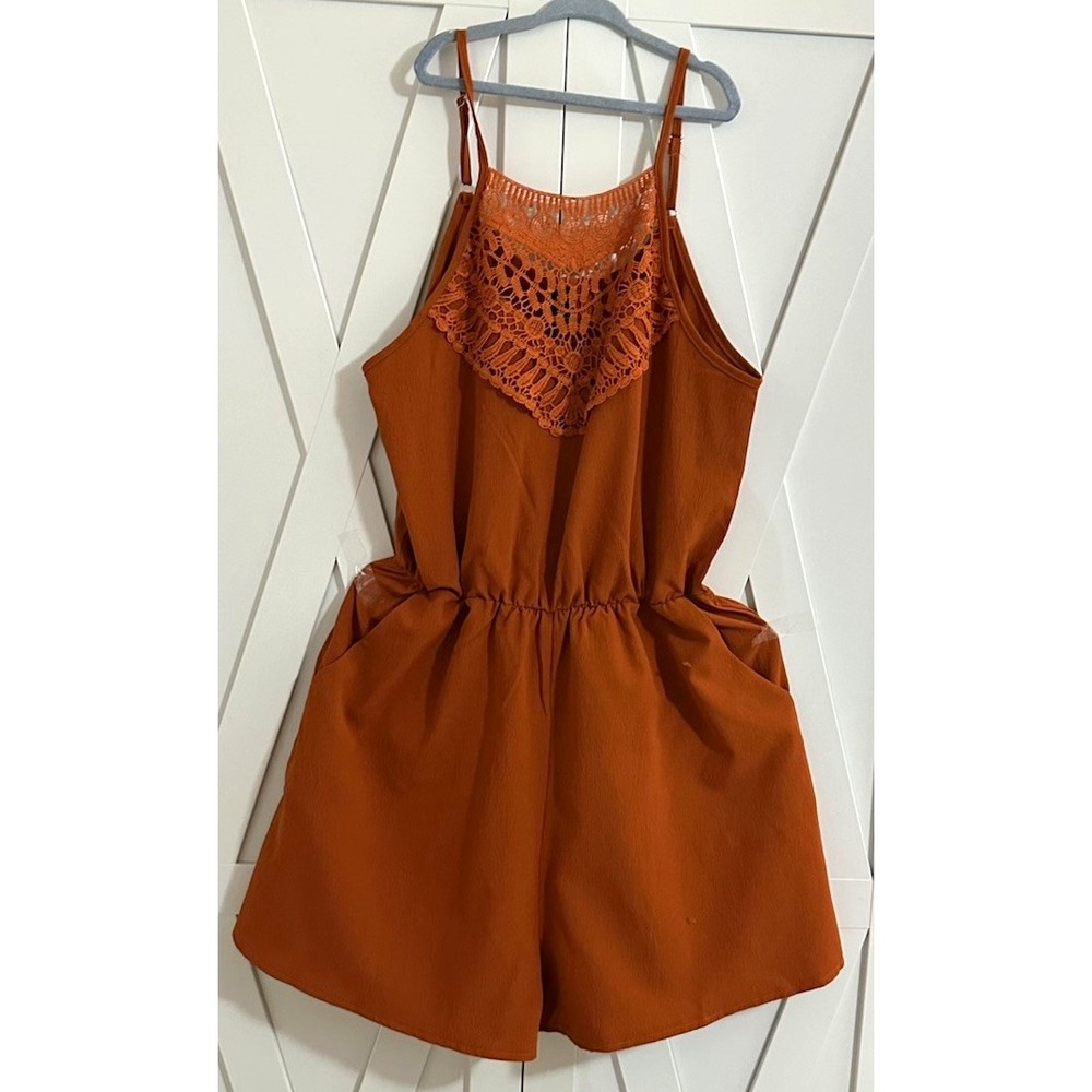 SHEIN Women's Orange Solid Crochet Sleeveless Romper Pockets, Size M